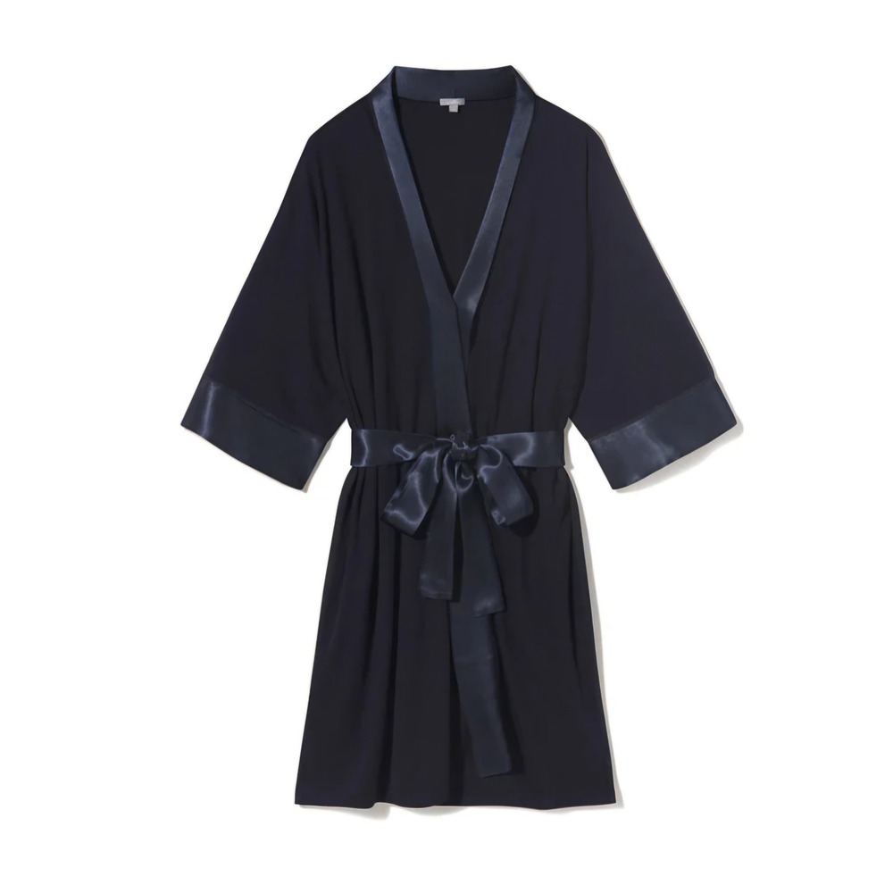 PJ Harlow Shala Navy Blue Satin Trim Lounge Robe Cardigan M/L